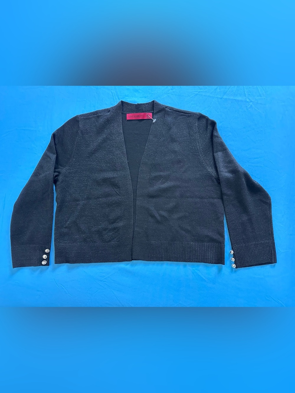New Love Scarlett Black Cropped Cardigan
With Tags, Silver Buttons, Size SP